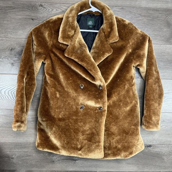 Wild Fable Fuzzy Coat Womans M Carmel Cognac Double Breasted Seam Pockets Lined - Picture 2 of 12